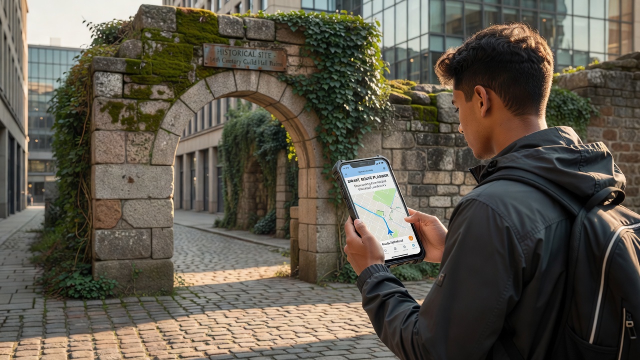 Traveler viewing a tablet that shows an alternate route passing several unmarked historical markers in a rural landscape