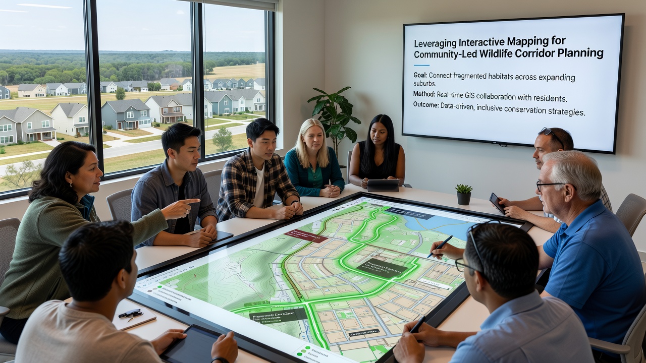 Community workshop participants reviewing mapped wildlife corridor options on large interactive displays in a suburban community center