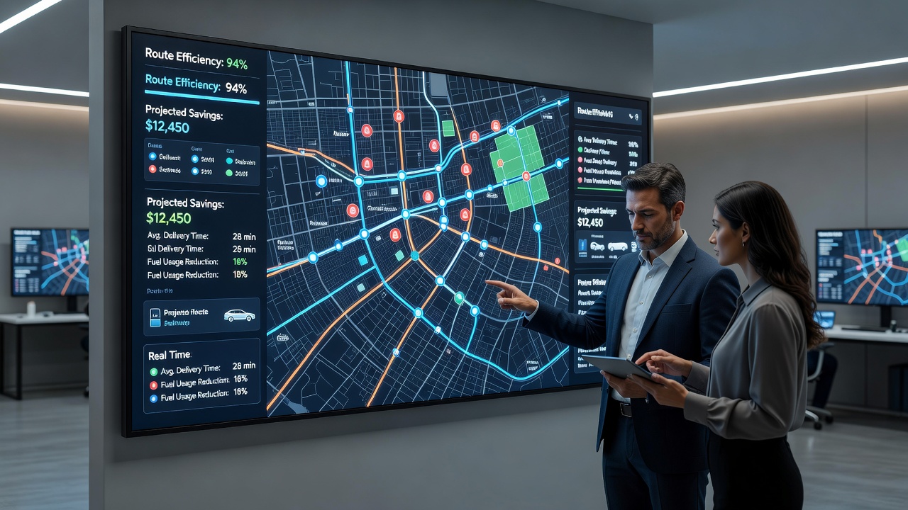 Logistics control room screen showing multiple vehicle icons on an interactive map with route optimization metrics and alerts